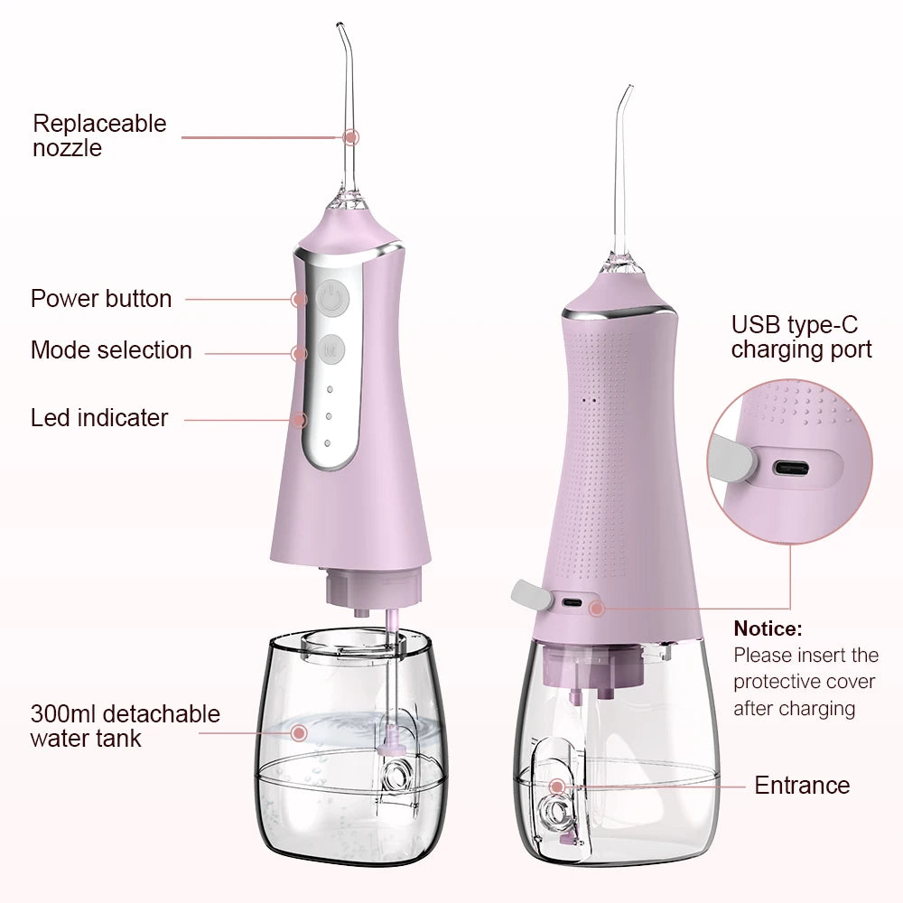 Hydropulseur Dentaire Rechargeable – 5 Jets, 3 Modes, Réservoir 300 ml, USB