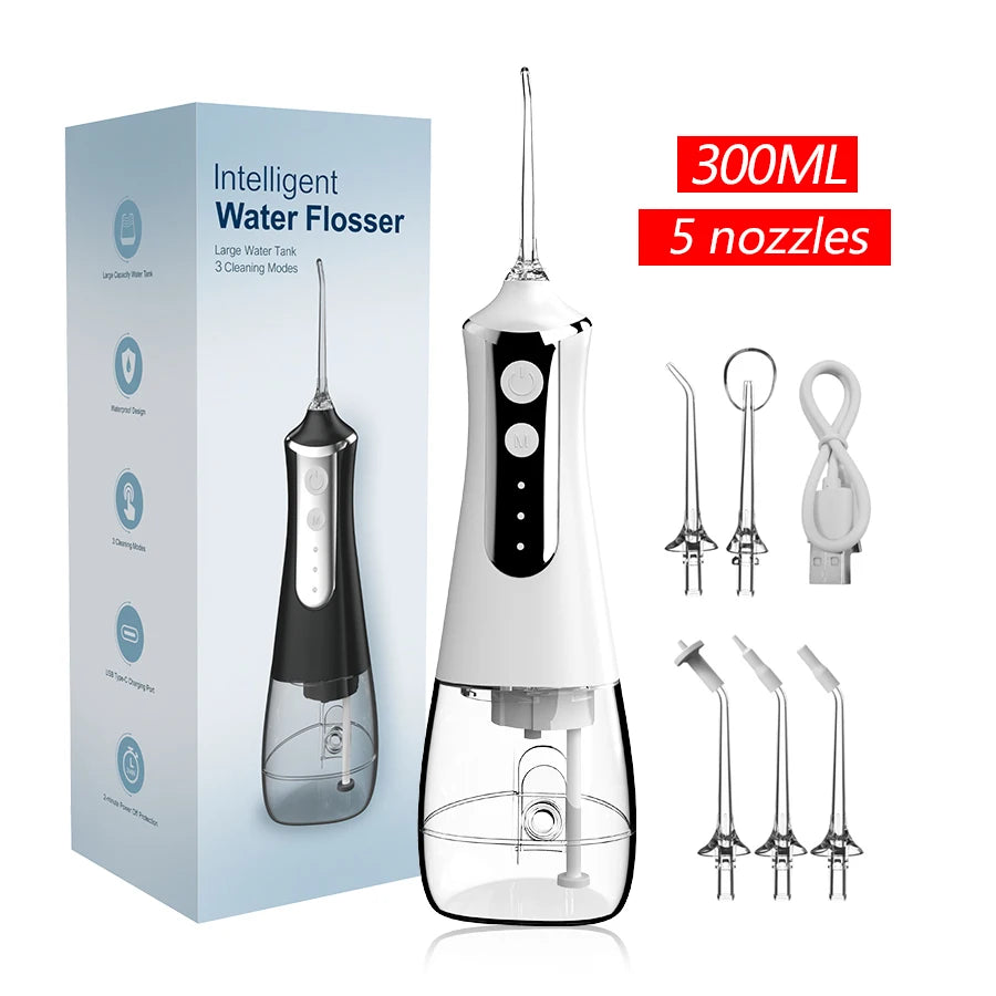 Hydropulseur Dentaire Rechargeable – 5 Jets, 3 Modes, Réservoir 300 ml, USB